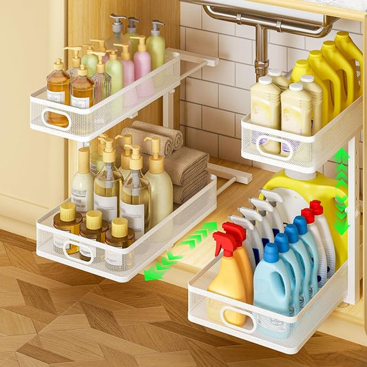 Under Sink Organizer 2-Pack, Metal 2-Tier Pull-Out Cabinet Shelf with Slide-Out Mesh Drawers, Height Adjustable, Space-Saving Under Sink Storage Racks for Kitchen, Bathroom, Laundry Room, White by AURIKAR
