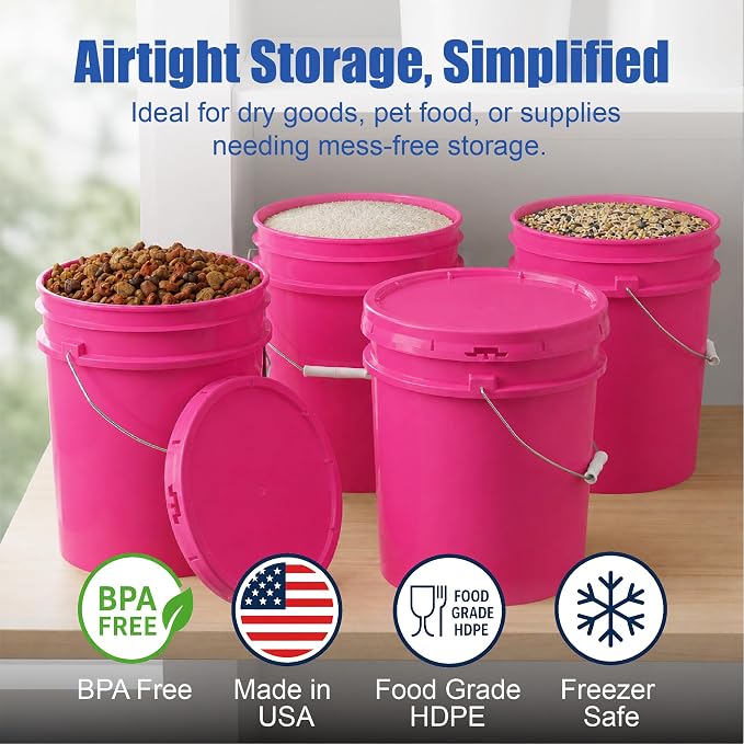 5 Gallon Bucket - Food Grade Bucket with Airtight Gasketed Tear Strip Lid, BPA-Free, Heavy-Duty 90 Mil HDPE Plastic Pail, Bulk Storage, Durable Container, Made in USA - Pink, 6 Packs | Airtight Gasketed Tear Strip Lid, Heavy-Duty 90 Mil HDPE Plastic Pa... - Image 2