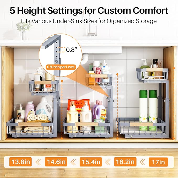 PXRACK Under Sink Organizer, Adjustable Height, 2 Tier Pull Out Under Cabinet Organizer, Slide Out Thickened Metal Under Sink Storage for Kitchen Bathroom Laundry Pantry Cabinet, Grey, Large-2-Pack - Image 5