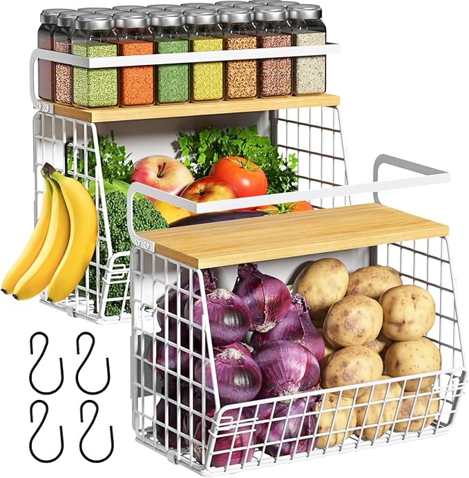 Magnetic Fridge Shelf with Wood Lid, Fruit Potato Onion Storage Bins, Pantry Organizers, Large Container Spice Rack for Refrigerator, Kitchen Counter, Cabinet (2, White) by Ofiray-home