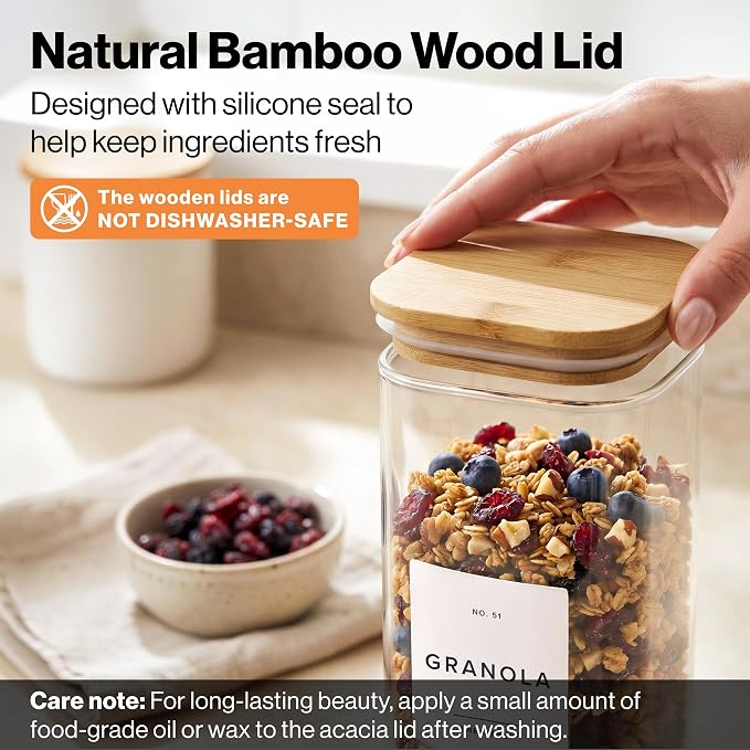 Glass Pantry Storage Jars Containers with Bamboo Lids and Labels - Set of 5 | Extra Thick Square Glass Canisters with Bamboo Wood Lids and 54 Pre-printed Pantry Labels keeps dry Goods Fresh and Organized - Image 5