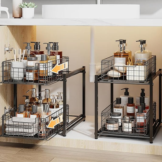 Under Sink Organizer, 2-Tier Pull Out Cabinet Organizer, Kitchen Bathroom Organizer and Storage, Spice Rack for Kitchen, Multi-use Sliding Drawers Shelves (1, Black) by Silub