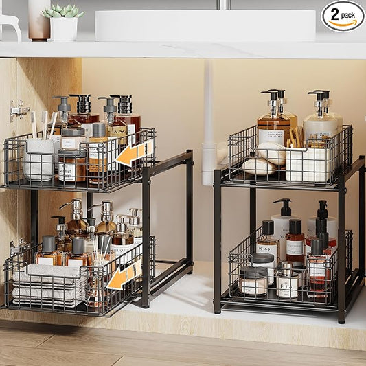 Under Sink Organizer, 2-Tier Pull Out Cabinet Organizer, Kitchen Bathroom Organizer and Storage, Spice Rack for Kitchen, Multi-use Sliding Drawers Shelves, Pack of 2 by Silub