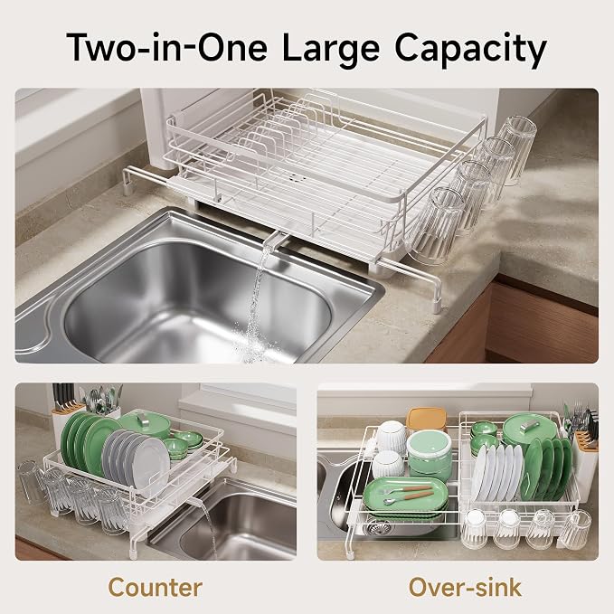 Runnatal Large Dish Drying Rack, Extendable Dish Rack Over Sink | Stainless Steel Dish Strainer with Drainboard, Utensil Holder & Cup Holder for Kitchen Counter, White - Image 3