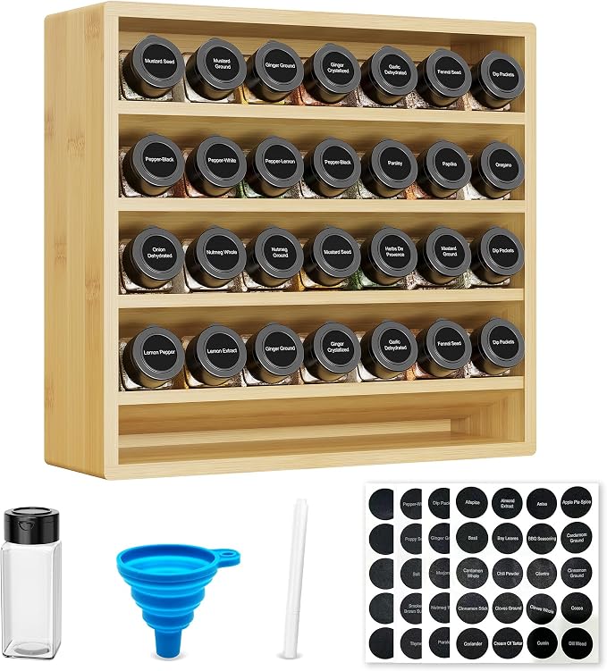 Orimade 4 Tier Spice Rack Organizer for Cabinet with 28 Plastic Spice Jars, Freestanding Bamboo Seasoning Rack for Countertop, Cupboard, Pantry, Kitchen, 13.18 x 4.13 x 12.2 inches by Orimade