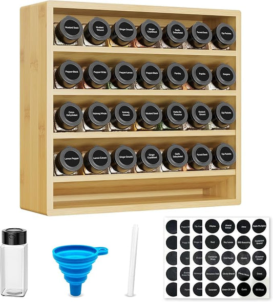 Orimade 4 Tier Spice Rack Organizer for Cabinet with 28 Plastic Spice Jars, Freestanding Bamboo Seasoning Rack for Countertop, Cupboard, Pantry, Kitchen, 13.18 x 4.13 x 12.2 inches by Orimade
