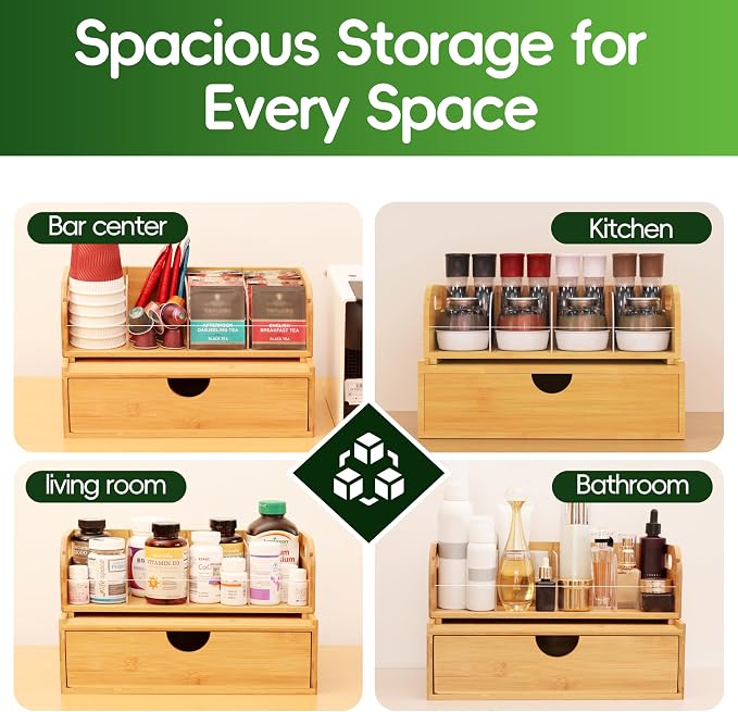 Bamboo Tea Organizer – Stackable Collection (1Tier w/Drawer） - Image 5
