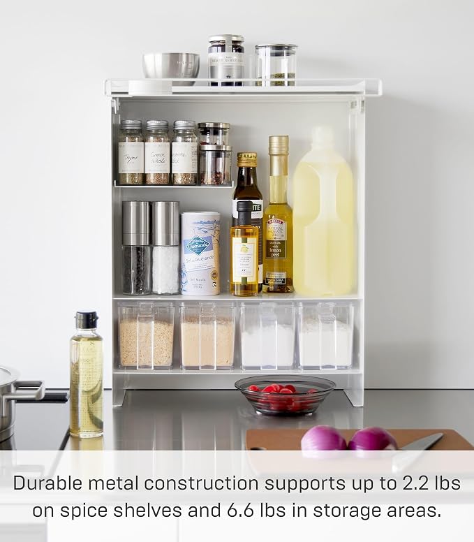 YAMAZAKI Home Spice Rack, Large Multi-Tier with Door Metal Shelves, White | Large kitchen seasoning and condiments spice rack features a concealable design with a door. A smart fit for modern homes. - Image 5