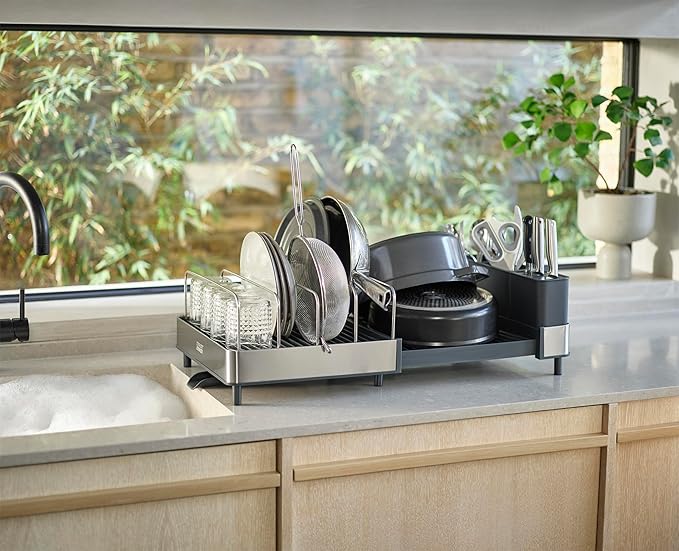 Joseph Joseph Extend Max Steel Expanding Dish Drying Rack, high Capacity for Large Items, Cutlery and Knife Holder, Swivel Draining Spout, Stainless Steel - Image 3