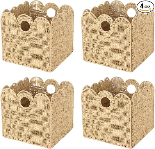 4 Pcs 12x12 Scalloped Wicker Storage Cubes - Woven Paper Rope Storage Baskets, Foldable Square Bins with Handles, Collapsible Containers for Shelves, Closets, 11.8×11.8×11.8" by Unknown