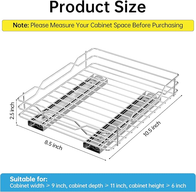BOIVSHI Pull Out Spice Rack, Chrome, 8.5”W x 10.5”D x 2.3”H | 1 Tier, Spice Organizer, Vertical Spice Rack, Metal Material, Heavy Duty, No Assembly Required, For Cabinet, Kitchen, Pantry - Image 4