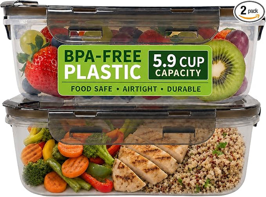 BPA-Free Plastic Airtight Food Storage Containers with Vented Lids, 2-Pack (5.9 Cups Each) for Meal Prep and Leftovers by Clutterix