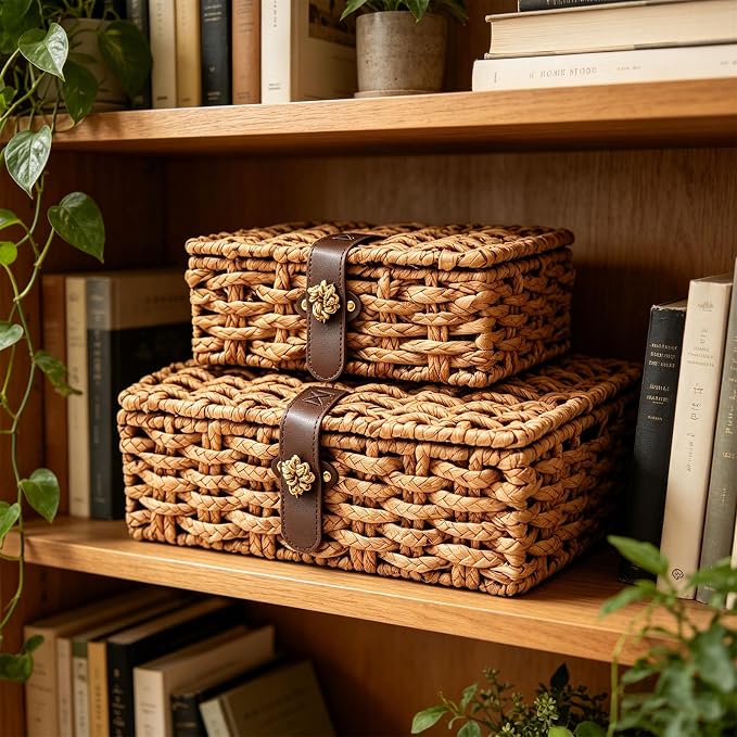 Set of 2 Seagrass Storage Boxes with Lid | Rectangular woven shelf baskets for table home decor & daily organization - Image 3