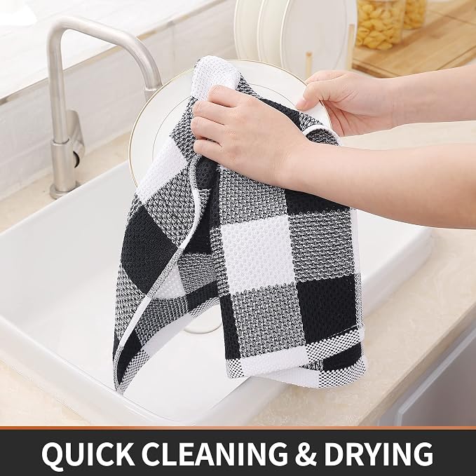 Homaxy Kitchen Towels and Dishcloths Set, Set of 8, White & Black | Bulk Cotton Waffle Weave Check Plaid Kitchen Towels, Super Soft and Absorbent Dish Cloths, 12 x 12 and 13 x 28 Inches - Image 5