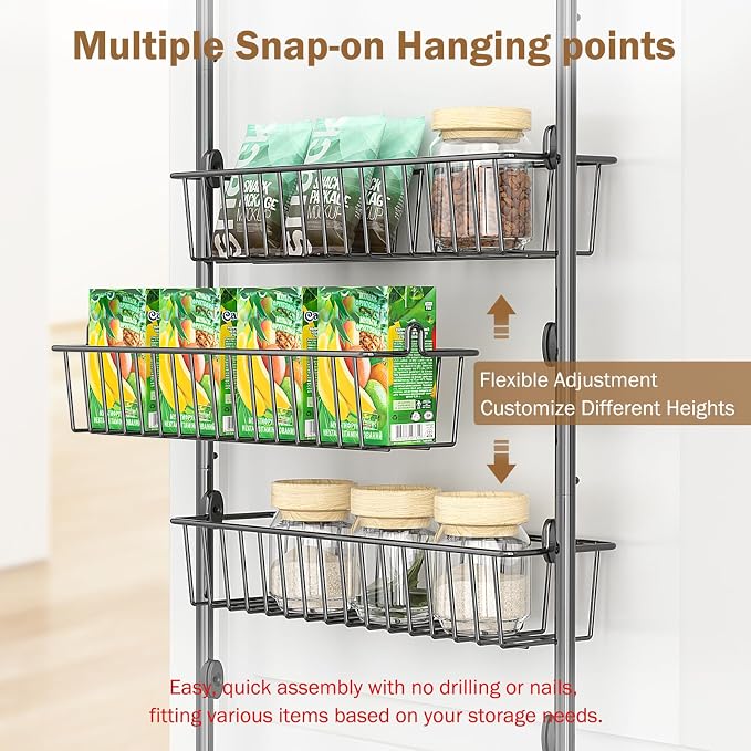 Delamu Over The Door Pantry Organizer, 5-Tier Pantry Door Organizers and Storage with Adjustable Basket, Metal Hanging Spice Rack, Seasoning Organizer, Door Organizer for Home Kitchen Bathroom, Black - Image 4