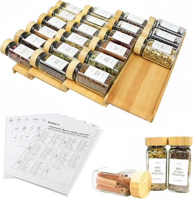 Spice Drawer Organizer with 24 Bamboo-lidded Spice Jars,216 Labels,25 Non-slip Rubber, Bamboo 4 Tier Seasoning Rack Tray Insert for Kitchen Drawers,Cabinets,Countertop,11" Wide x 15.8" Deep by KitHero