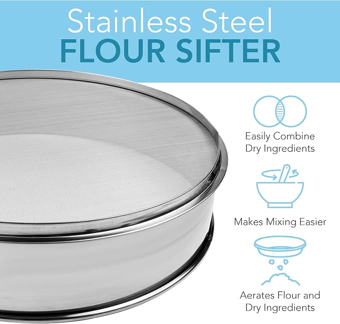 Vollum Stainless Steel Flour Sifter Fine Mesh Baking Sieve 9.5" | Round 30-mesh sieve with 0.6mm holes; 9.5" diameter by 2.5" high — ideal for achieving ultra-fine, lump-free results. - Image 2