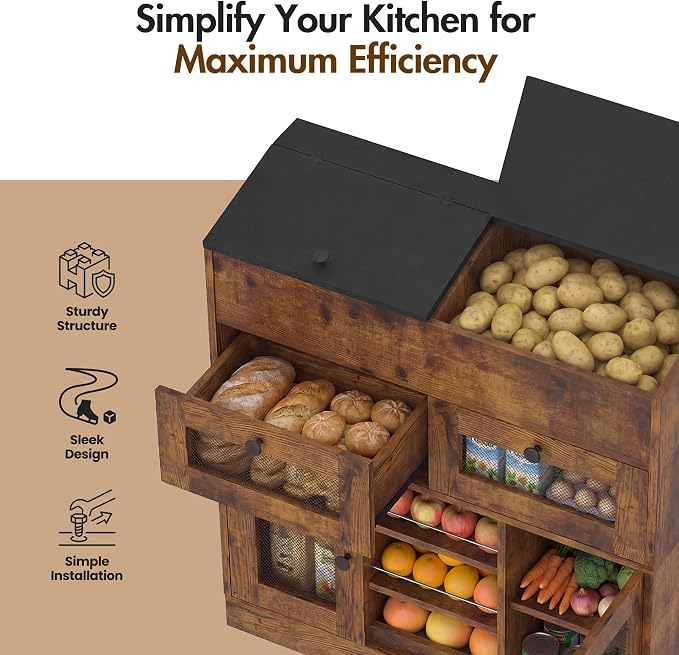 Wooden Potato and Onion Storage Bin with Lid, Potato Bin with 2 Mesh Drawers, 5-Tier Fruit & Vegetable Cabinet with Mesh Doors, Rustic Kitchen Organizer with Adjustable Shelves for Pantry (31.9") - Image 3