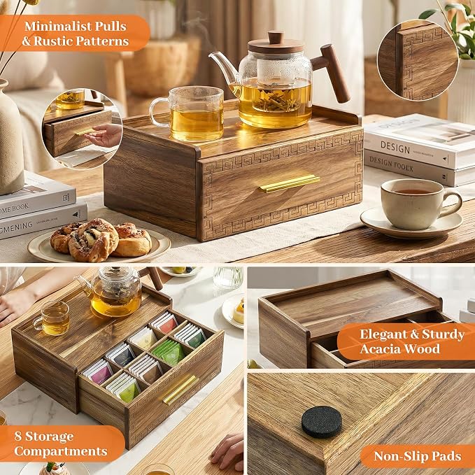 Acacia Wood Tea Bag Organizer with Storage Drawer | 8 Compartments Tea Caddy with Pattern Carving & 2 Ceramic Absorbent Coasters | Wooden Teabag Holder Tea Organizers for Countertop (Acacia) - Image 6