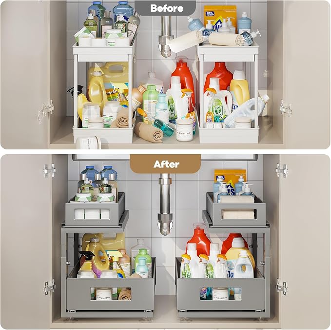 2 Pack 15.74IN-Depth Under Sink Organizer With Next-Gen Ball-Bearing Slides,2-Tier Pull Out Cabinet Storage,Height Adjustable Drawer Shelf for Bathroom,Kitchen,Laundry,Cabinet,Pantry-Gun Gray - Image 6