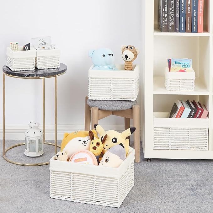 Wicker Storage Basket, 6 Pack Baskets for Organizing, Wicker Baskets with Handle, Rectangular Wicke Basket for Storage Shelves, Cube Storage Bins for Closet/Clothes/Dresser, White - Image 6