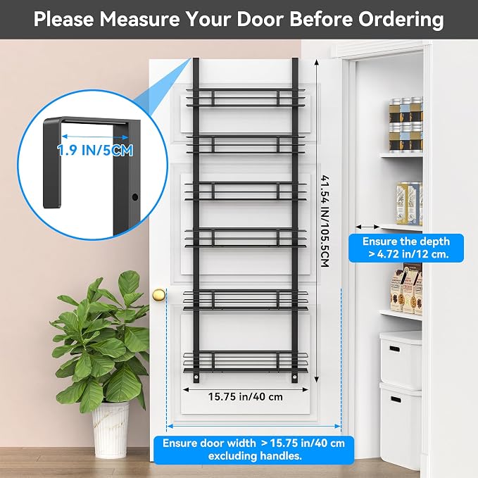6-Tier Over The Door Spice Rack, Large-Capacity Adjustable Hanging Pantry Organizer 3 Size Baskets, No-Sway No-Drill Door Mount, Heavy-Duty Rustproof Steel, 15.75″ Wide, Black - Image 2