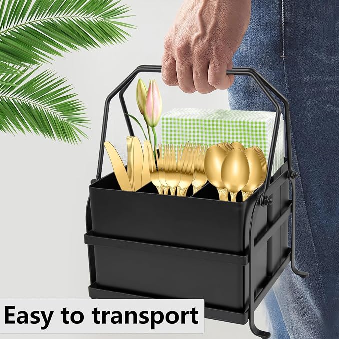 NelyBet Silverware Caddy Utensil Organizer With Handle, Outdoor Picnic and Camping Utensil Holder, Flatware Holder for Party Gatherings, Metal - Black - Image 5