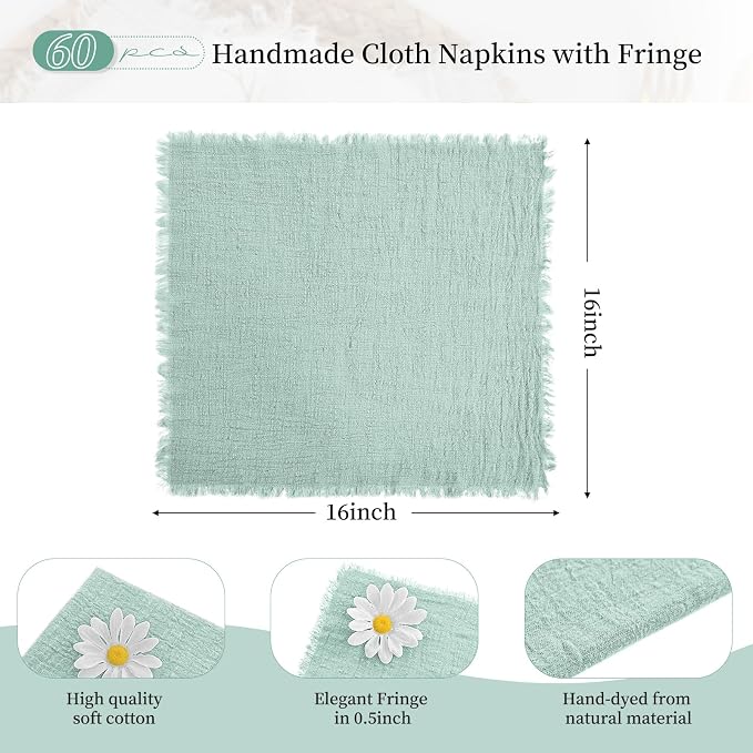 60 Pack Sage Green Napkins Cotton Linen Napkins 16 x 16 Inch Green Napkins Cloth Handmade with Fringe Soft Cloth Napkins Washable Rustic Dinner Napkins Cloth for Wedding Party Dinner Table - Image 2