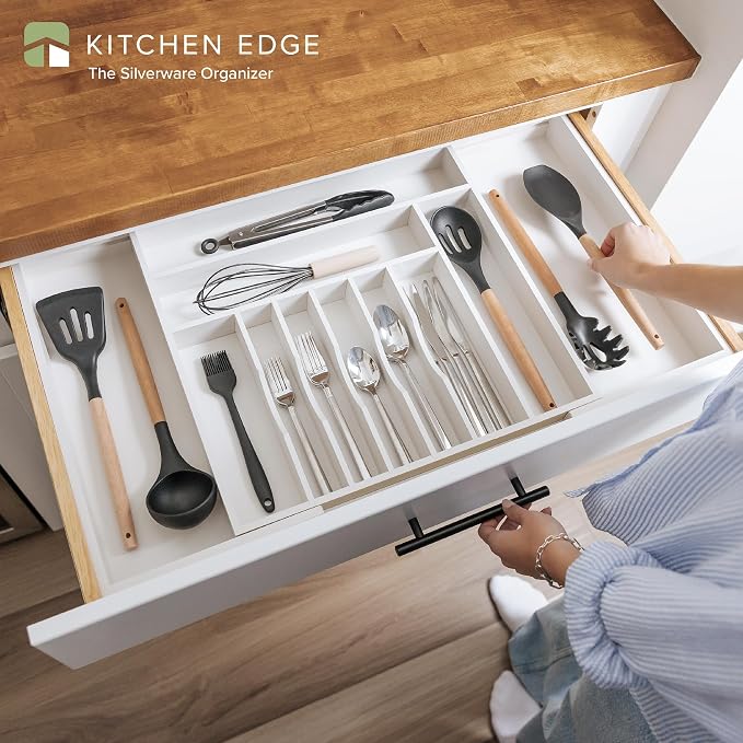Silverware & Utensil Drawer Organizer, 18-33 in, White Bamboo | Cutlery, flatware, food-safe contract grade, kitchen drawer fit - Image 2
