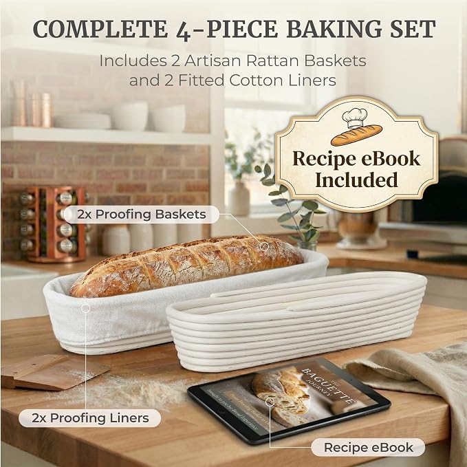 15 Inch Baguette Proofing Basket Set of 2 for Sourdough & French Bread | Handwoven rattan banneton with removable cotton liners; shapes & rises dough before baking; recipe eBook included - Image 4