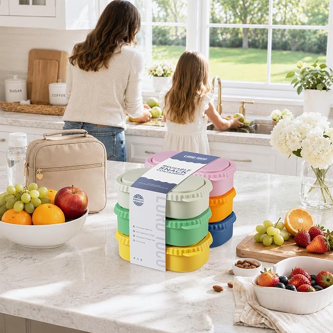 6 Pack Reusable Silicone Snack Containers with Lids, 2 Compartment Bento Snack Boxes, Leakproof Portion Control Food Containers for Fruits, Nuts, School, Office & Travel, Dishwasher Safe - Image 7