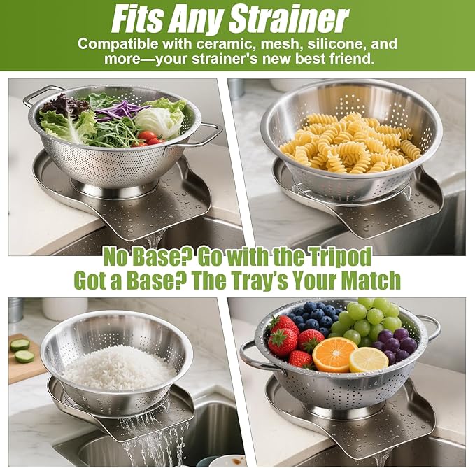 Palksky Colander and Strainer Self Drainer Base Plate Stainless Steel for Kitchen, Metal Countertop Draining Tray for Pasta Rice Noodle Fruit Veggie Food Strainer & Ceramic Colander - Image 5
