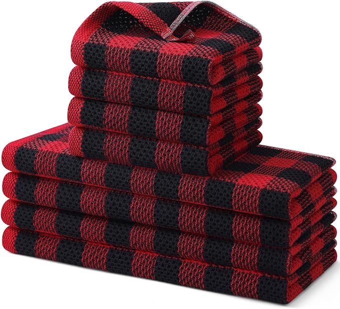 Homaxy Kitchen Towels and Dishcloths Set, Set of 8, Red & Black | Bulk Cotton Waffle Weave Check Plaid Kitchen Towels, Super Soft and Absorbent Dish Cloths, 12 x 12 and 13 x 28 Inches by Homaxy