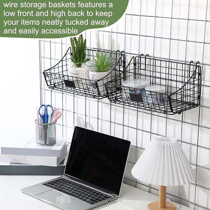 Blulu 4 Pcs Black Grid Wall Baskets, Metal Wire Wall Basket with Hooks Hanging Storage Organization Accessory for Vendor Trade Shows Kitchen Bathroom Pantry Supplies(11 x 6 x 5 Inch) - Image 4