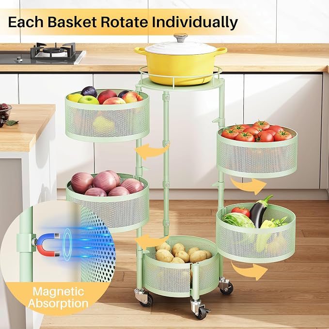 SNTD Fruit and Vegetable Basket Bowls for Kitchen with Metal Top Lid, 5 Tier Rotating Storage Rack Cart for Potato Onion Bread Banana, Wire Basket Organizer on Wheels, Large (Green) - Image 3