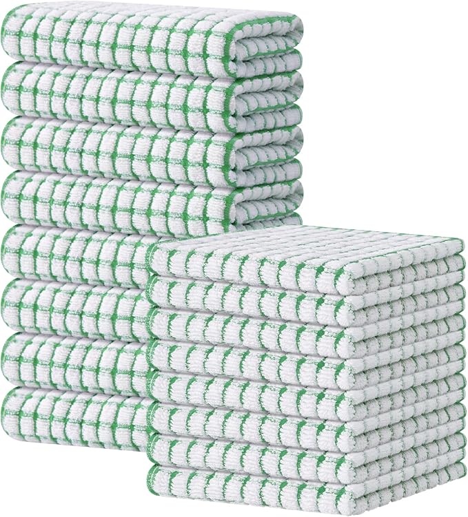 Kitinjoy Cotton 16 Pack Kitchen Towels and Dishcloths Sets, Green | 16 x 25 Inch & 12 X 12 Inch Dish Towels Bulk, Super Soft and Absorbent hand towels for kitchen Drying by Kitinjoy