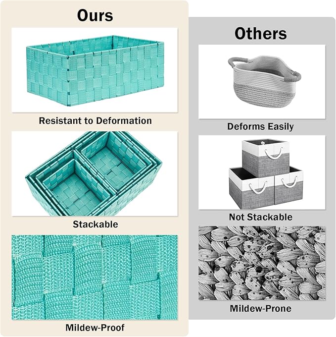 Storage Baskets with Lids: 6 Pack Stackable Woven Storage Bins, Aqua | Decorative Woven Baskets for Organizing with Built-In Handles for Shelves, Closets, Cabinets and Cubbies, Gift Small Basket - Image 5