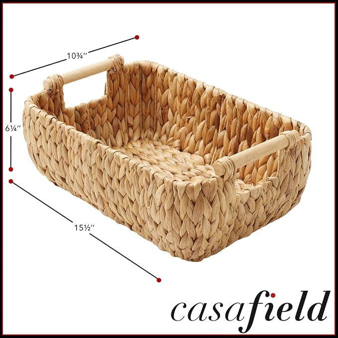 Casafield Set of 2 Water Hyacinth Oval Storage Baskets with Wooden Handles - Medium, Woven Bin Organizers - Image 4
