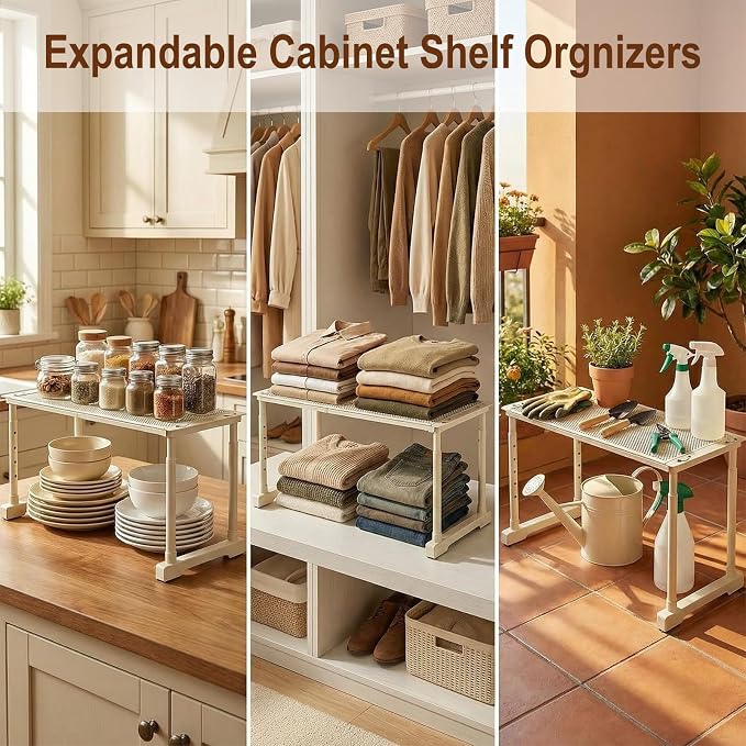Expandable Cabinet Organizer Shelf, Adjustable Height Under Sink Storage Organizer, Shelf Riser for Kitchen, Bathroom, Wardrobe, Under Sink Counter(Beige) (2) - Image 8