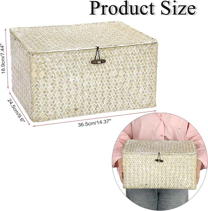 Hipiwe Wicker Shelf Baskets Bin with Lid, Large Seagrass Basket Storage Box | Handwoven Natural Baskets for Shelf Organizer, Rectangular Household Basket Boxes for Home Decor, Whitewash - Image 2