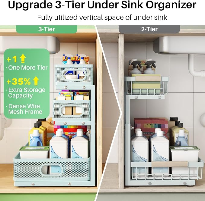 Under Sink Organizer, 2-Pack 3-Tier Height Adjustable Thickened Metal Pull out Cabinet Organizer Shelf, Slide out Storage Drawer Rack for Bathroom Kitchen Pantry Home Organization, LightBlue - Image 3