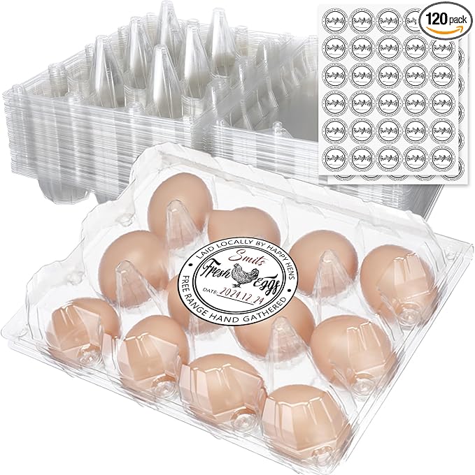 Zhanmai 120 Pcs Easter Plastic Egg Cartons Bulk 12 Count Clear Reusable Large Egg Tray Container Holder with Sticker Labels for Family Chicken Farm Business Market Display by Zhanmai