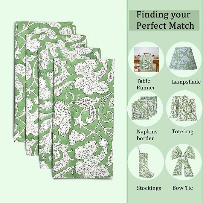 Sage Green Hand Block Print 100% Cotton Napkins 18" x 18" (Set of 4) Reuseable Kitchen Napkins Cloth Decor Dinner Party Wedding Cocktail Gift for Spring, Easter, Summer - Image 4