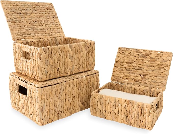 Wicker Storage Baskets with Lid, Set 3 Basket With Lid Decorative Storage Rectangle Wicker Storage Basket Large Rattan Storage Box Hyacinth Baskets - Image 7