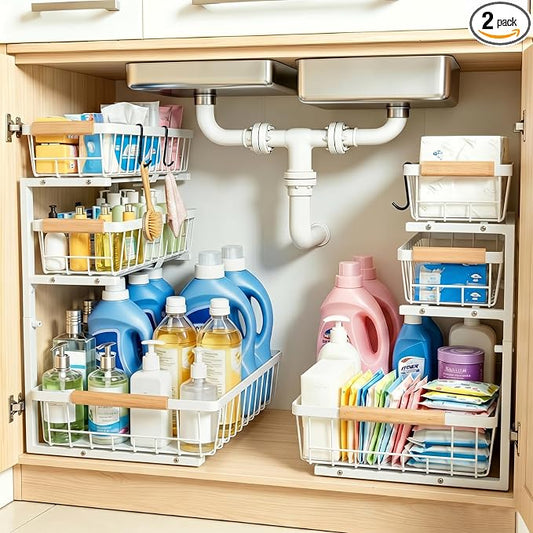 3 Tier Grid Pull Out Organizer White 2 Pack Sliding Rack | White grid dual organizer set for stable multi layer storage in kitchen bathroom and under sink cabinet organization by Tviorst