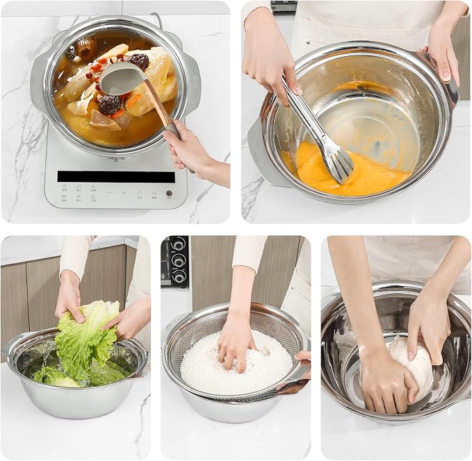 Paoli 304 Stainless Steel Fine Mesh Colander Set, 2QT Large Capacity Strainer with Mixing Bowl — Rinse Fruits, Veggies, Rice & Drain Pasta, Dishwasher Safe (2-Piece Gold) - Image 3