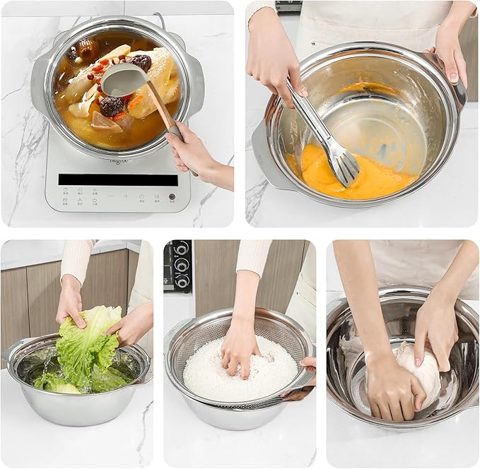Paoli 304 Stainless Steel Fine Mesh Colander Set, 5QT Large Capacity Strainer with Mixing Bowl — Rinse Fruits, Veggies, Rice & Drain Pasta, Dishwasher Safe (2-Piece Gold) - Image 3