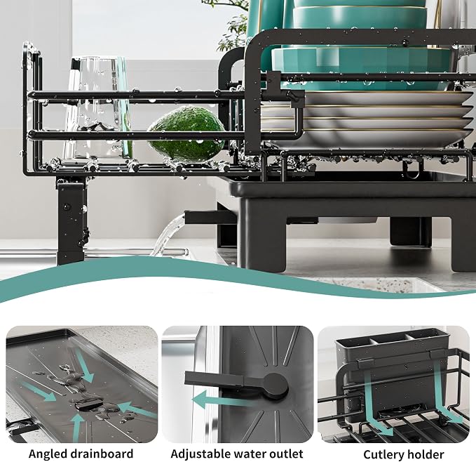 Small Dish Drying Rack - Extendable Dish Rack for Kitchen Counter, Rustproof Dish Drainers with Utensil Holder, Perfect for Apartments, RVs and Small Spaces,16.5" D x 7.5"-12.5" W x 6.5" H - Image 5