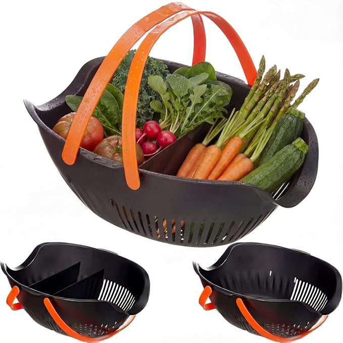 Nuogo 3 Pcs Garden Harvest Basket, Removable Partitions with Tool Caddy for Collecting, Carrying, and Cleaning Harvesting Basket Doubles as a Colander for Vegetables and Fruits Garden Accessories by Nuogo