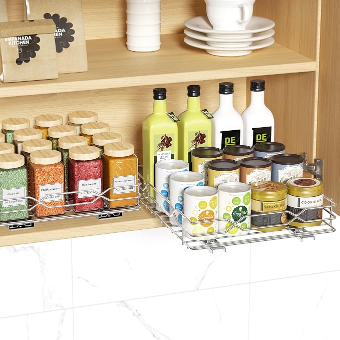 BOIVSHI Pull Out Spice Rack, Chrome, 8.5”W x 10.5”D x 2.3”H | 1 Tier, Spice Organizer, Vertical Spice Rack, Metal Material, Heavy Duty, No Assembly Required, For Cabinet, Kitchen, Pantry - Image 2
